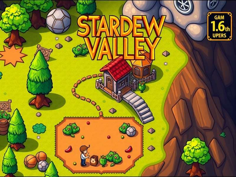 स्टारड्यू वैली 1.6 अपडेट में नए गाँव का दृश्य जिसमें नई फसलें और इमारतें दिख रही हैं