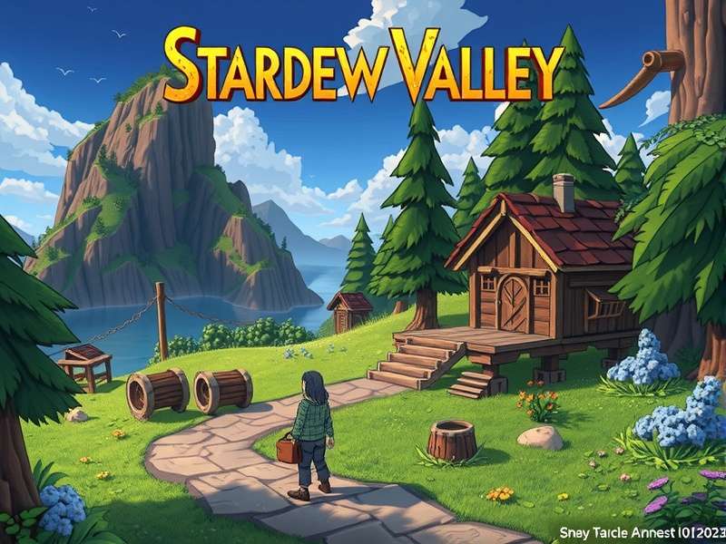 Gus smiling behind the counter at the Stardrop Saloon in Stardew Valley