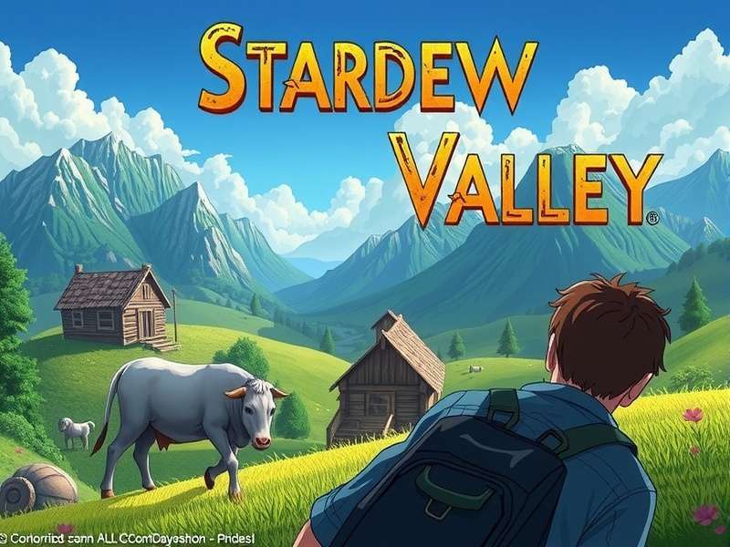 A peaceful scene from Stardew Valley showing a thriving farm with crops, animals, and the farmer
