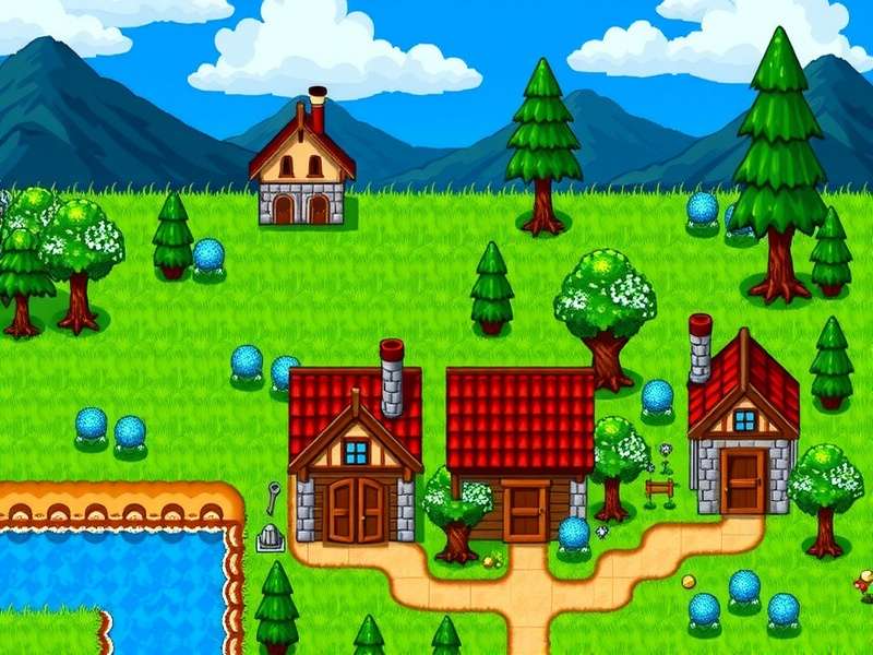 A panoramic view of a thriving Stardew Valley farm with crops, barns, and the farmer