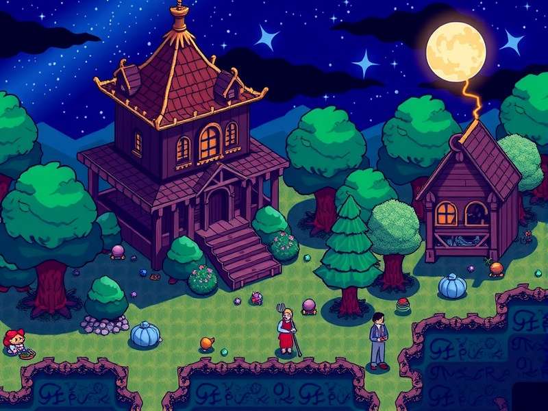 A vibrant Stardew Valley farm with crops, barn, and chicken coop