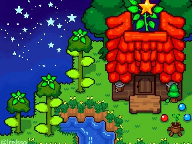 A thriving Stardew Valley farm with crops, barns, and the farmer