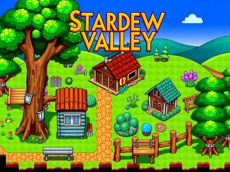 Stardew Valley peaceful farm landscape with crops and a small house
