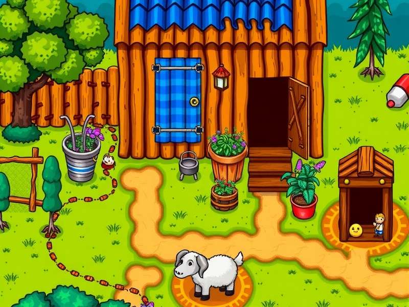 A vibrant Stardew Valley coop filled with chickens, ducks, and a happy farmer