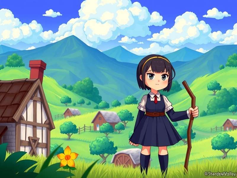 Marnie standing outside her ranch in Stardew Valley, with chickens nearby