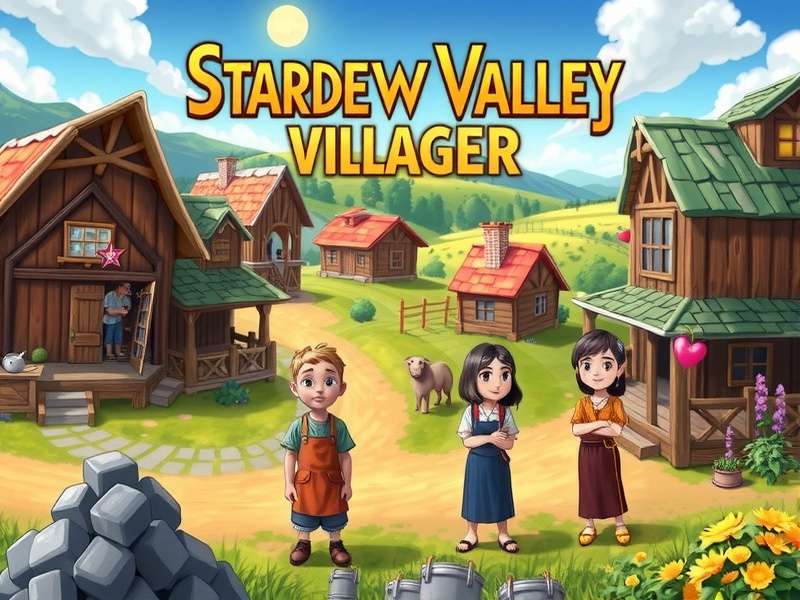 A panoramic view of Pelican Town in Stardew Valley, showing the town square, houses, and river.