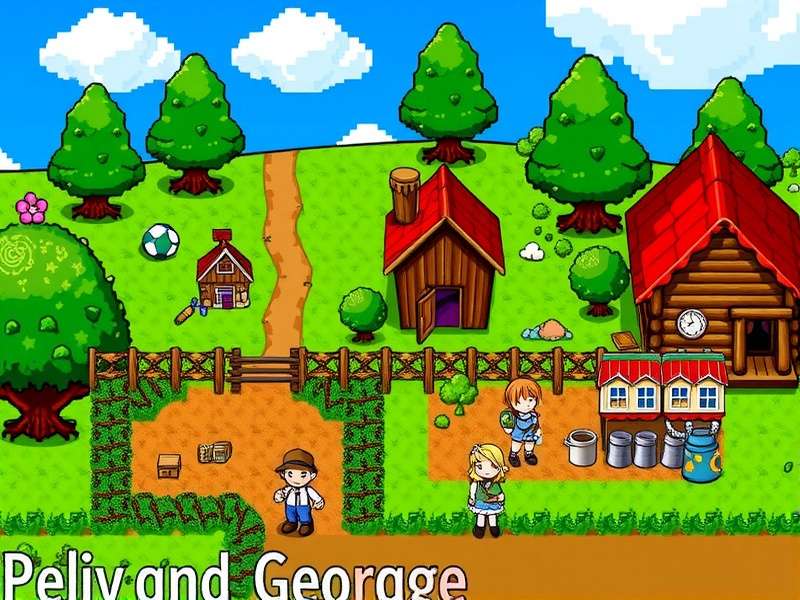 Penny reading a book to George in his cozy living room in Stardew Valley