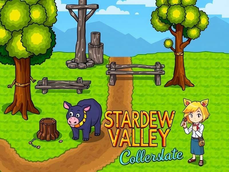 A panoramic view of Stardew Valley showing farm, town, and mountains