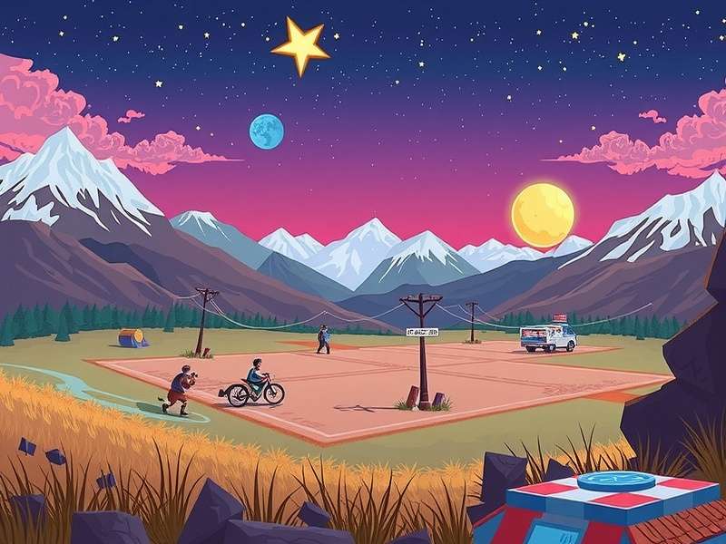 A serene panoramic view of Stardew Valley with a farm, mountains, and river