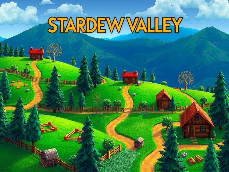 Peaceful Stardew Valley farm landscape with crops and a small house