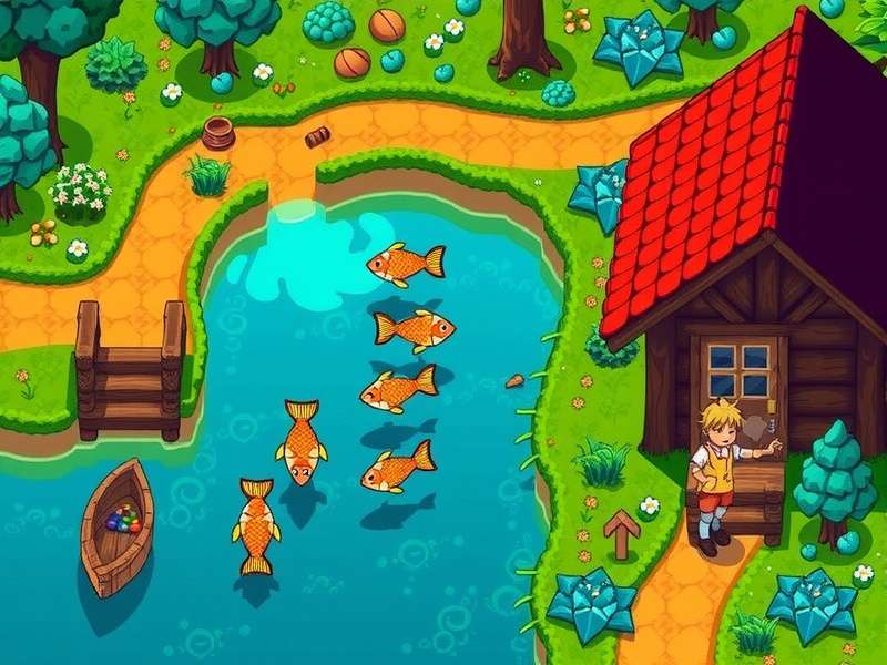 A serene fishing scene in Stardew Valley with multiple fish types visible