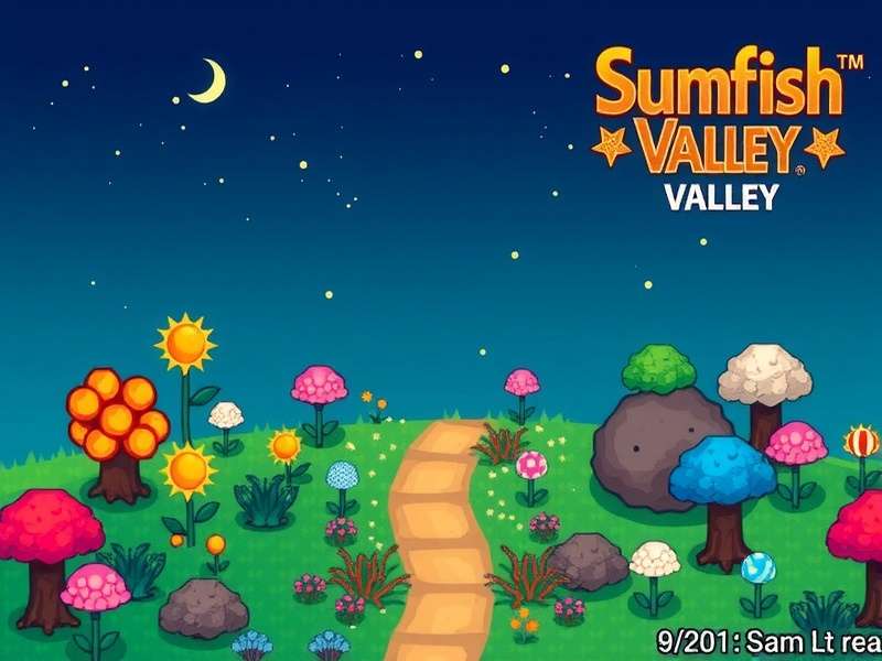 A Sunfish swimming in the mountain lake at Stardew Valley, surrounded by lush greenery and golden sunlight