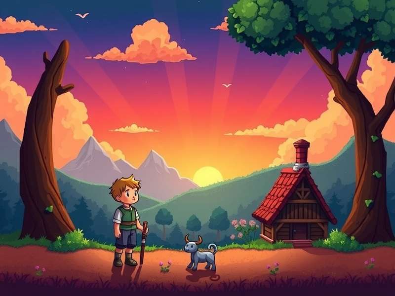 Linus standing near his tent on the mountain in Stardew Valley, overlooking the forest.