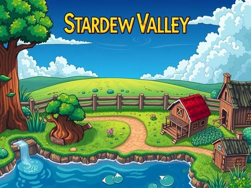 Stardew Valley Nexus — A panoramic view of Pelican Town farmlands at sunset, with crops, animals, and the iconic farmhouse.