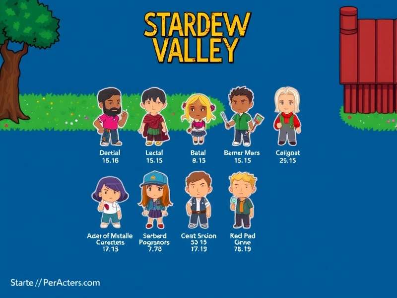 Stardew Valley characters group illustration featuring Penny, Emily, and other villagers in Pelican Town