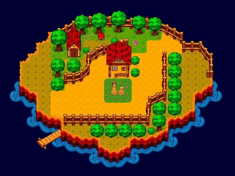 Stardew Valley farm landscape with crops, animals, and the iconic Pelican Town in the background