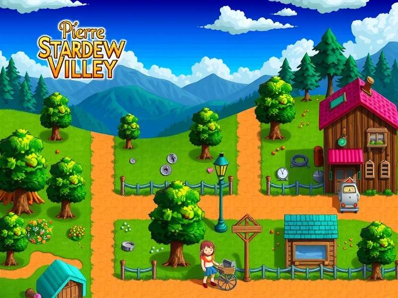Stardew Valley style countryside farm with lush green fields and a wooden shop stall