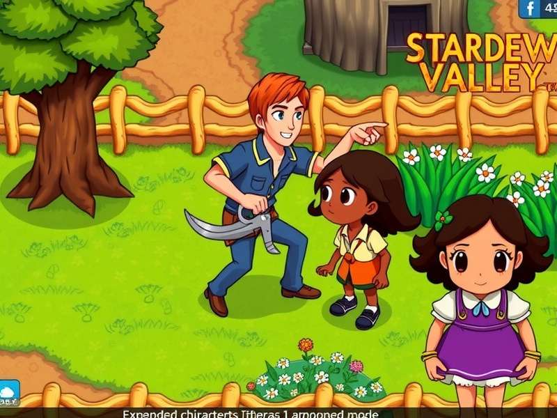 Stardew Valley Expanded characters group illustration featuring new NPCs like Victor, Sophia, Olivia, Andy, Lance, Claire, Martin, and Susan