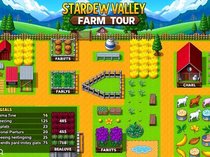 Stardew Valley Expanded Farm Tour – Aerial view of the immersive farm landscape with crops, ponds, and forests